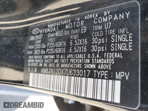2007 Hyundai Tucson SE with VIN KM8JN12DX7U633017, listed as a Copart auction lot 77671904 with 257,367 mi miles and Clean Title. Bid and sale history available at carsss.com. Image 12.