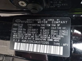 2010 Hyundai Tucson GLS with VIN KM8JU3AC0AU070395, listed as a IAAI auction lot 41933773 with 18,097 mi miles and . Bid and sale history available at DreamBid. Image 9.