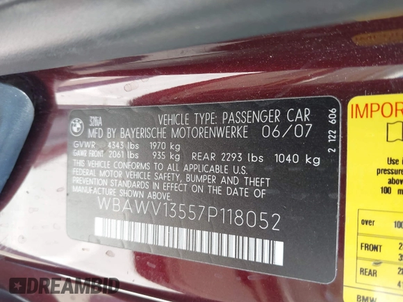 2007 BMW 3 Series 328i with VIN WBAWV13557P118052, listed as a IAAI auction lot 42642784 with 57,288 mi miles and . Bid and sale history available at DreamBid. Image 9.