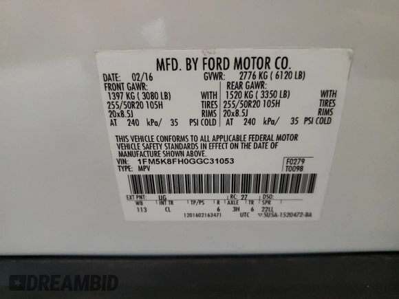 2016 Ford Explorer Limited z VIN 1FM5K8FH0GGC31053, wystawiony jako Copart lot #58266625 z przebiegiem 70 227 mil mil oraz Szkoda całkowita • Salvage title. Historia ofert i sprzedaży dostępna na DreamBid. Obrazek 14.