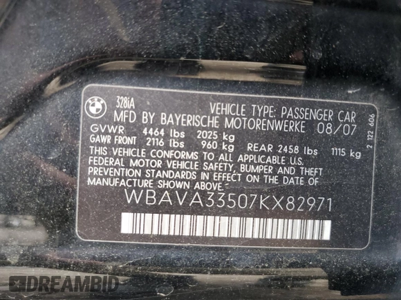 2007 BMW 3 Series 328i with VIN WBAVA33507KX82971, listed as a Copart auction lot 54677725 with 135,759 mi miles and Salvage Title. Bid and sale history available at DreamBid. Image 12.