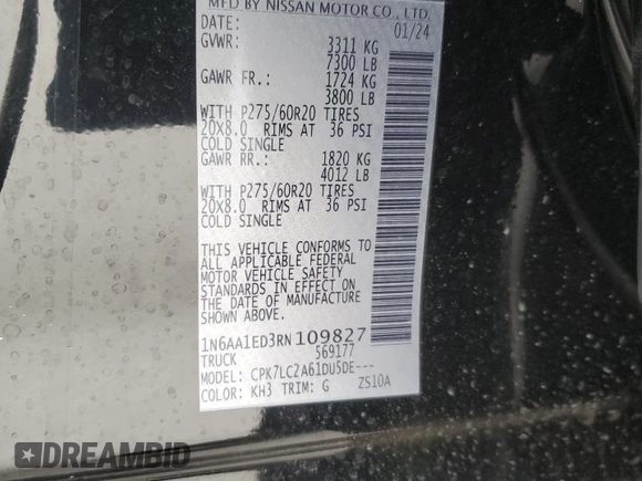 2024 Nissan Titan Pro-4X with VIN 1N6AA1ED3RN109827, listed as a Copart auction lot 42034245 with 4,076 mi miles and Salvage title. Bid and sale history available at DreamBid. Image 12.