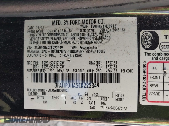 2012 Ford Fusion SE with VIN 3FAHP0HA2CR222349, listed as a IAAI auction lot 42178673 with 106,026 mi miles and . Bid and sale history available at DreamBid. Image 9.