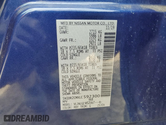2020 Nissan Pathfinder SL with VIN 5N1DR2CMXLC592300, listed as a Copart auction lot 55471725 with 61,331 mi miles and Salvage title. Bid and sale history available at DreamBid. Image 14.
