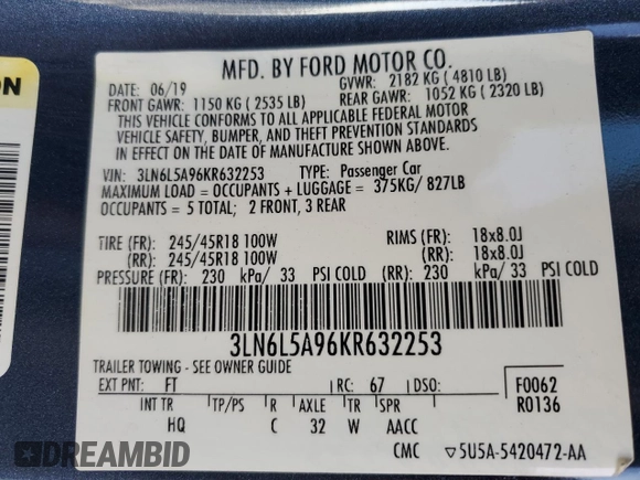 2019 Lincoln MKZ Standard with VIN 3LN6L5A96KR632253, listed as a Copart auction lot 85334954 with 91,544 mi miles and Salvage Title. Bid and sale history available at carsss.com. Image 12.