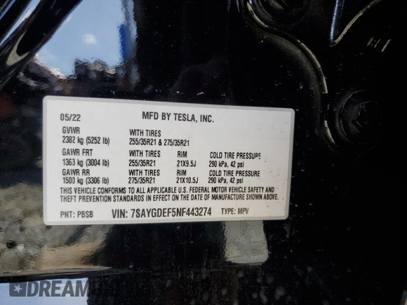 2022 Tesla Model Y Performance with VIN 7SAYGDEF5NF443274, listed as a Copart auction lot 49581905 with Not provided miles and Salvage title. Bid and sale history available at DreamBid. Image 14.