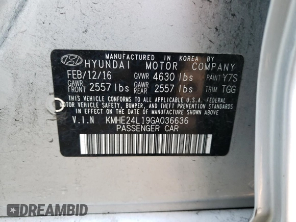 2016 Hyundai Sonata Hybrid SE with VIN KMHE24L19GA036636, listed as a Copart auction lot 37606843 with 0 mi miles. Bid and sale history available at carsss.com. Image 12.
