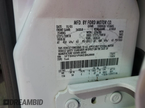 2006 Ford F-250 XL with VIN 1FTSW21P06EB62866, listed as a Copart auction lot 46083345 with 164,667 mi miles and Salvage Title. Bid and sale history available at DreamBid. Image 14.