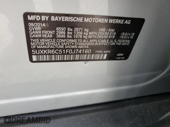 2015 BMW X5 xDrive50i with VIN 5UXKR6C51F0J74160, listed as a Copart auction lot 79337044 with 143,436 mi miles and Salvage title. Bid and sale history available at DreamBid. Image 15.