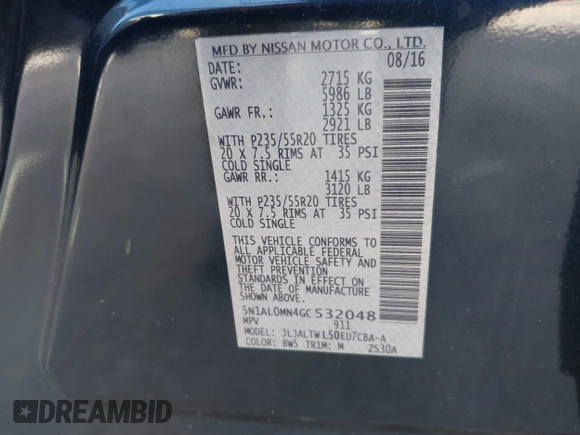 2016 Infiniti QX60 with VIN 5N1AL0MN4GC532048, listed as a IAAI auction lot 41832885 with 125,306 mi miles and . Bid and sale history available at DreamBid. Image 9.