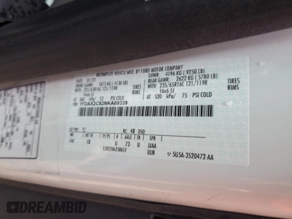 2022 Ford Transit Passenger XL с VIN 1FDAX2C82NKA69339, выставлен на аукционе Copart как лот 78907284 с пробегом 20 426 миль миль и Списание • Salvage title. История ставок и продаж доступна на DreamBid. Изображение 13.