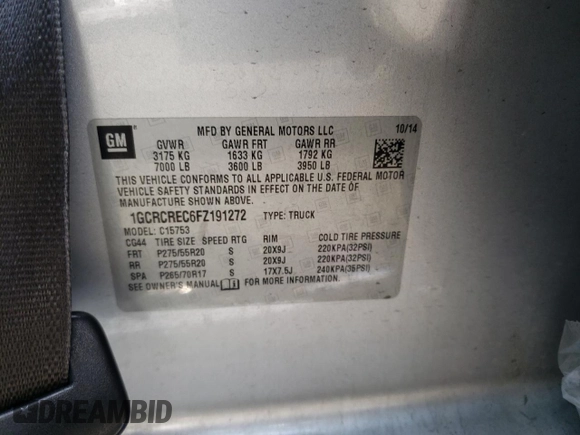 2015 Chevrolet Silverado 1500 LT with VIN 1GCRCREC6FZ191272, listed as a Copart auction lot 59395042 with Not Provided miles and Salvage Title. Bid and sale history available at DreamBid. Image 10.