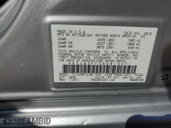 2011 Mitsubishi Galant ES with VIN 4A32B3FF3BE016471, listed as a Copart auction lot 48285725 with 226,144 mi miles and Salvage Title. Bid and sale history available at carsss.com. Image 13.