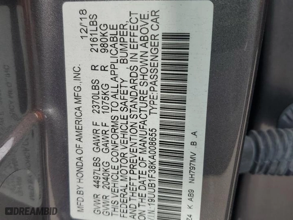 2019 Acura TLX with VIN 19UUB1F38KA008655, listed as a Copart auction lot 52680215 with 52,994 mi miles and Salvage Title. Bid and sale history available at carsss.com. Image 12.