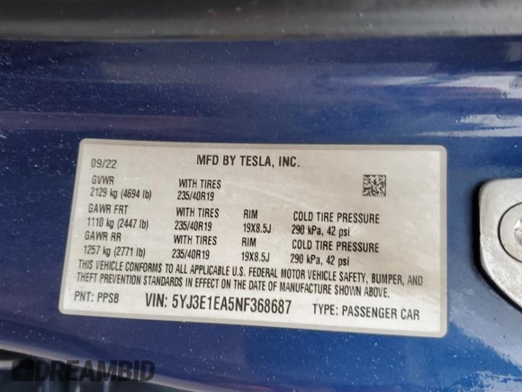 2022 Tesla Model 3 with VIN 5YJ3E1EA5NF368687, listed as a Copart auction lot 52782745 with 119,653 mi miles and Clean Title. Bid and sale history available at carsss.com. Image 12.