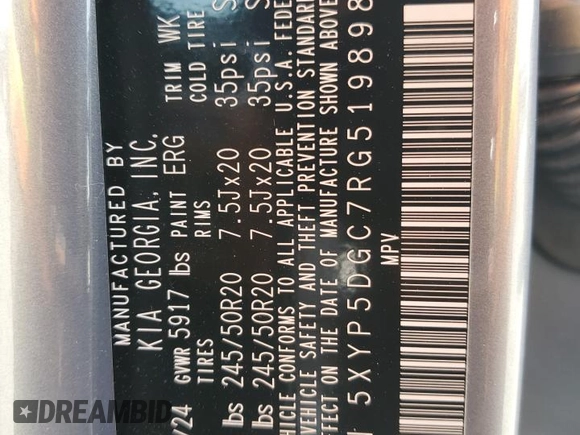 2024 Kia Telluride SX Prestige X-Line with VIN 5XYP5DGC7RG519898, listed as a Copart auction lot 51550725 with 8,091 mi miles and Salvage title. Bid and sale history available at DreamBid. Image 13.