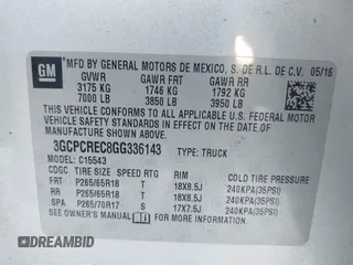 2016 Chevrolet Silverado 1500 LT with VIN 3GCPCREC8GG336143, listed as a IAAI auction lot 38463228 with 93,186 mi miles and . Bid and sale history available at DreamBid. Image 9.
