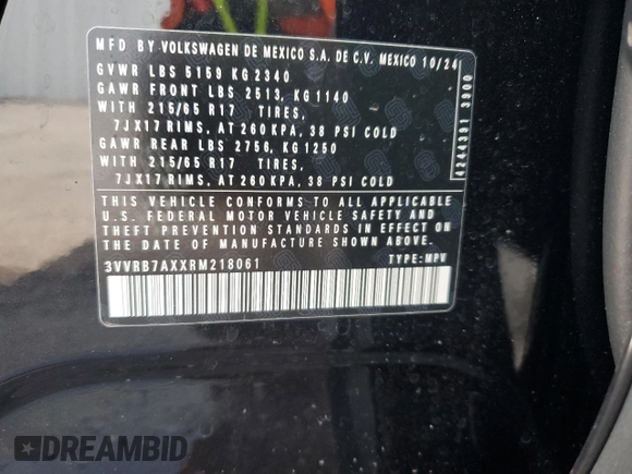 2024 Volkswagen Tiguan S с VIN 3VVRB7AXXRM218061, выставлен на аукционе Copart как лот 54159735 с пробегом 3 676 миль миль и На запчасти • Non repairable. История ставок и продаж доступна на DreamBid. Изображение 14.