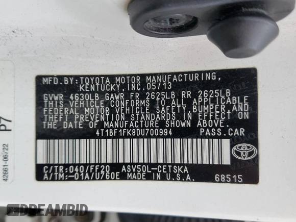 2013 Toyota Camry L with VIN 4T1BF1FK8DU700994, listed as a Copart auction lot 55354265 with 236,581 mi miles and Clean Title. Bid and sale history available at carsss.com. Image 12.