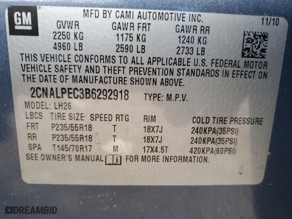 2011 Chevrolet Equinox LT w/2LT with VIN 2CNALPEC3B6292918, listed as a Copart auction lot 45746925 with 175,422 mi miles and Salvage Title. Bid and sale history available at carsss.com. Image 13.