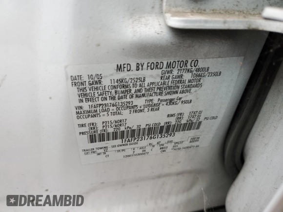 2006 Ford Five Hundred SE with VIN 1FAFP23176G135293, listed as a Copart auction lot 80738144 with 117,847 mi miles and Salvage Title. Bid and sale history available at carsss.com. Image 13.