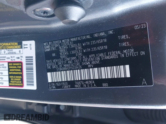 2023 Toyota Highlander L z VIN 5TDKDRBH2PS039426, wystawiony jako IAAI lot #41572761 z przebiegiem 28 220 mil mil oraz . Historia ofert i sprzedaży dostępna na DreamBid. Obrazek 9.