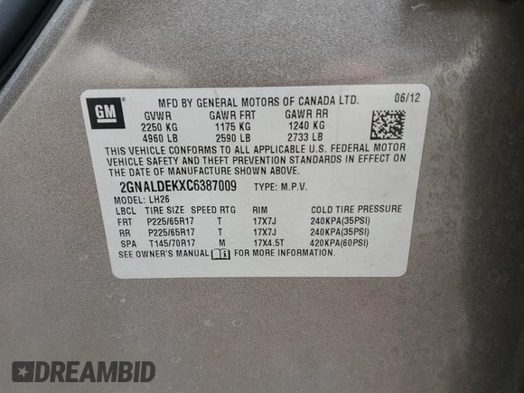 2012 Chevrolet Equinox 1LT z VIN 2GNALDEKXC6387009, wystawiony jako Copart lot #56220205 z przebiegiem 99 836 mil mil oraz Szkoda całkowita • Salvage title. Historia ofert i sprzedaży dostępna na DreamBid. Obrazek 13.