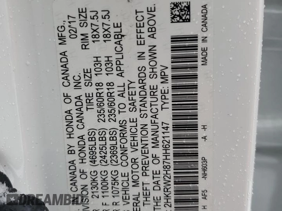 2017 Honda CR-V EX-L with VIN 2HKRW2H87HH621147, listed as a Copart auction lot 43910075 with Not Provided miles and Non Repairable. Bid and sale history available at carsss.com. Image 14.