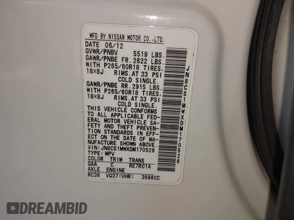 2013 Infiniti FX with VIN JN8CS1MWXDM170526, listed as a IAAI auction lot 42123275 with 171,778 mi miles and . Bid and sale history available at DreamBid. Image 9.