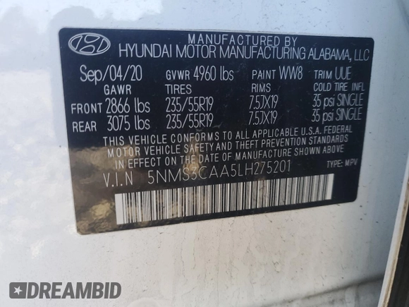 2020 Hyundai Santa Fe SEL with VIN 5NMS3CAA5LH275201, listed as a Copart auction lot 85453704 with 87,400 mi miles and Salvage Title. Bid and sale history available at carsss.com. Image 15.