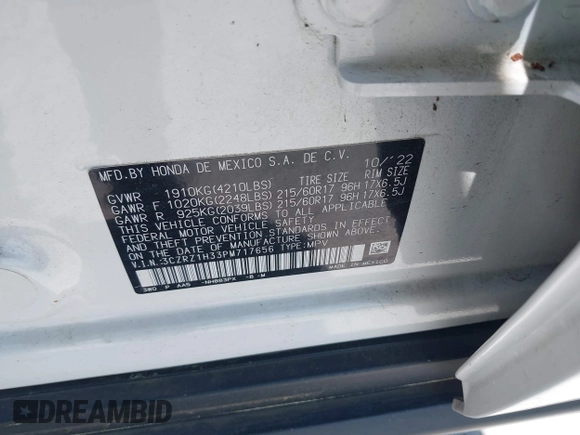 2023 Honda HR-V LX with VIN 3CZRZ1H33PM717656, listed as a IAAI auction lot 42022154 with 21,196 mi miles and . Bid and sale history available at DreamBid. Image 9.