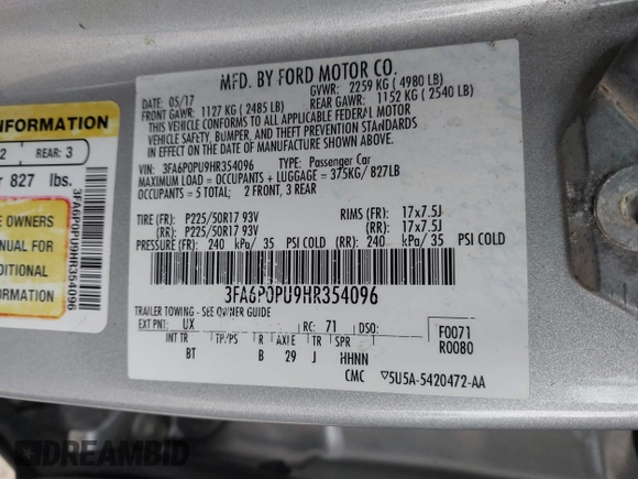 2017 Ford Fusion Energi SE with VIN 3FA6P0PU9HR354096, listed as a IAAI auction lot 42064703 with 69,601 mi miles. Bid and sale history available at carsss.com. Image 9.