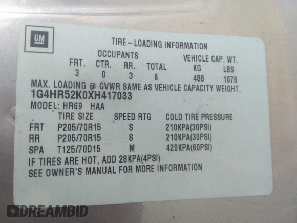 1999 Buick LeSabre Limited with VIN 1G4HR52K0XH417033, listed as a IAAI auction lot 41733233 with 215,531 mi miles and . Bid and sale history available at DreamBid. Image 9.