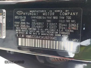 2019 Hyundai Tucson SE z VIN KM8J23A45KU921641, wystawiony jako IAAI lot #41840246 z przebiegiem 47 529 mil mil oraz . Historia ofert i sprzedaży dostępna na DreamBid. Obrazek 9.