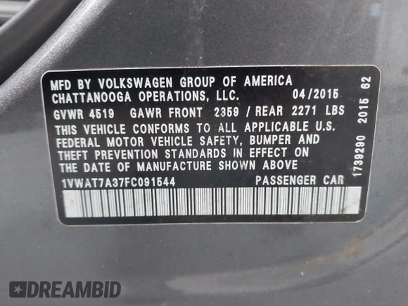 2015 Volkswagen Passat Limited Edition Edition z VIN 1VWAT7A37FC091544, wystawiony jako IAAI lot #42534853 z przebiegiem 319 860 mil mil oraz . Historia ofert i sprzedaży dostępna na DreamBid. Obrazek 9.