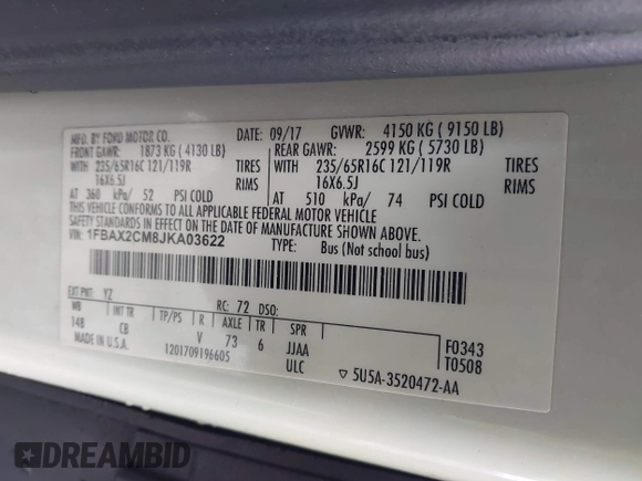 2018 Ford Transit Passenger XL z VIN 1FBAX2CM8JKA03622, wystawiony jako IAAI lot #41571449 z przebiegiem 313 553 mil mil oraz . Historia ofert i sprzedaży dostępna na DreamBid. Obrazek 9.