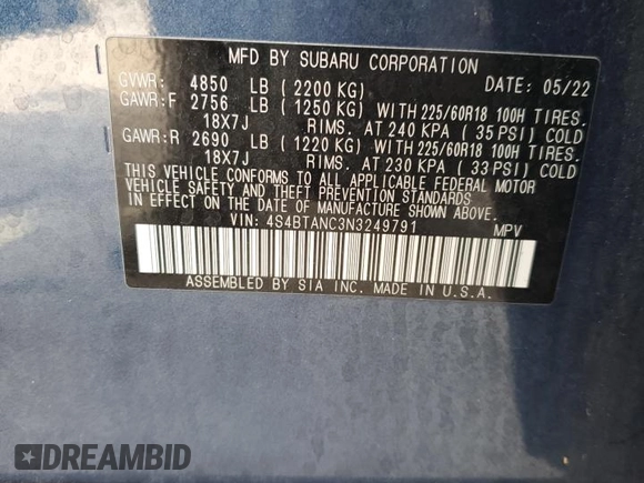 2022 Subaru Outback Limited with VIN 4S4BTANC3N3249791, listed as a Copart auction lot 56988285 with 27,666 mi miles and Non repairable. Bid and sale history available at DreamBid. Image 14.