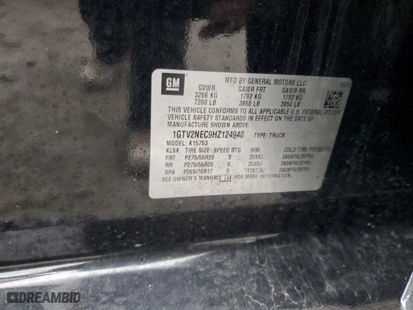 2017 GMC Sierra 1500 SLT with VIN 1GTV2NEC9HZ124940, listed as a Copart auction lot 44650795 with 85,653 mi miles and Salvage Title. Bid and sale history available at carsss.com. Image 14.