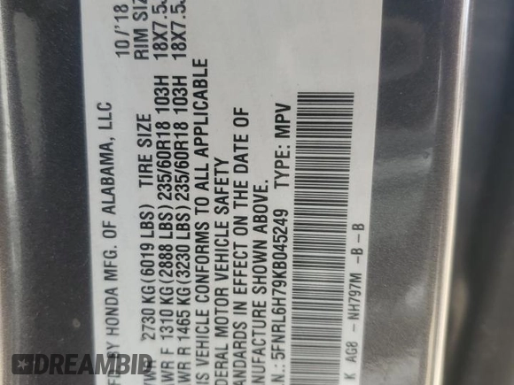 2019 Honda Odyssey EX-L z VIN 5FNRL6H79KB045249, wystawiony jako Copart lot #57108075 z przebiegiem 86 038 mil mil oraz Szkoda całkowita • Salvage title. Historia ofert i sprzedaży dostępna na DreamBid. Obrazek 13.