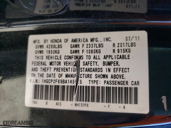 2011 Honda Accord Sdn SE with VIN 1HGCP2F69BA145925, listed as a Copart auction lot 38666163 with 69,222 mi miles and Salvage Title. Bid and sale history available at carsss.com. Image 12.