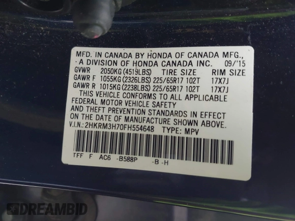 2015 Honda CR-V EX-L with VIN 2HKRM3H70FH554648, listed as a IAAI auction lot 41729035 with 101,368 mi miles. Bid and sale history available at carsss.com. Image 9.