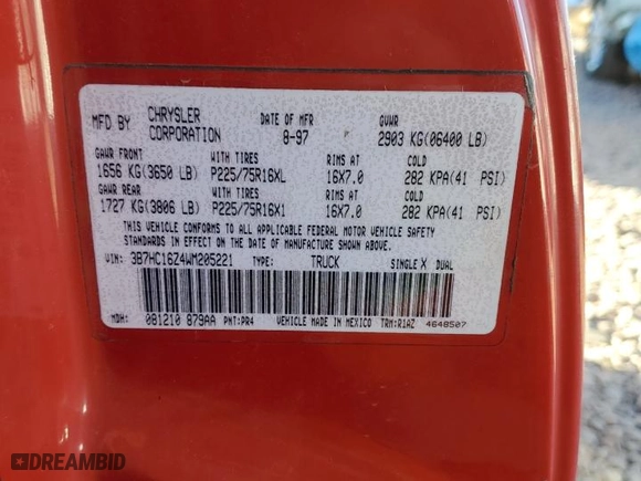 1998 Dodge Ram 1500 with VIN 3B7HC16Z4WM205221, listed as a Copart auction lot 42366595 with 205,646 mi miles and Salvage Title. Bid and sale history available at carsss.com. Image 14.