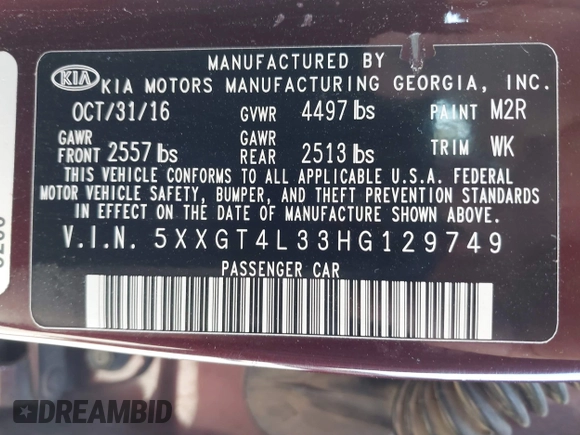 2017 Kia Optima LX with VIN 5XXGT4L33HG129749, listed as a IAAI auction lot 40360996 with 174,803 mi miles. Bid and sale history available at carsss.com. Image 9.