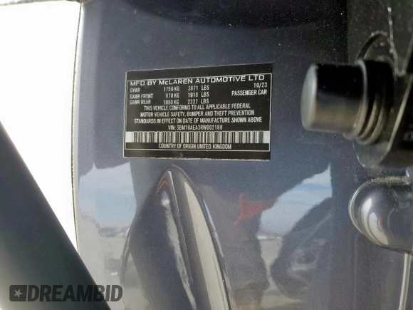 2024 McLaren Artura z VIN SBM16AEA3RW002188, wystawiony jako Copart lot #45177415 z przebiegiem 3440 mil mil oraz Szkody całkowita. Historia ofert i sprzedaży dostępna na DreamBid. Obrazek 12.