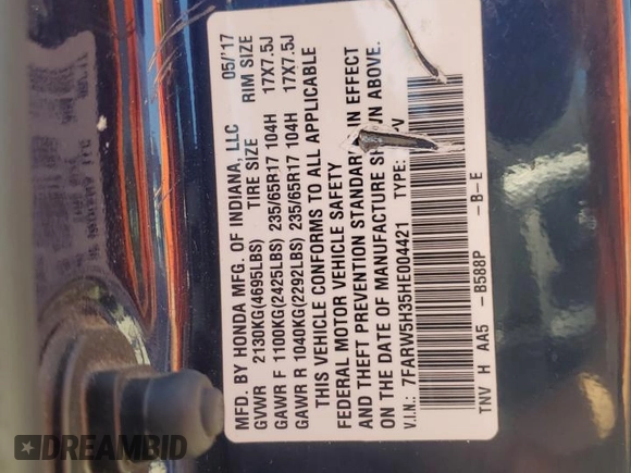 2017 Honda CR-V LX z VIN 7FARW5H35HE004421, wystawiony jako Copart lot #57551235 z przebiegiem Nie podano mil oraz Czysty tytuł • Clean title. Historia ofert i sprzedaży dostępna na DreamBid. Obrazek 13.