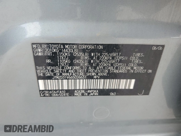 2006 Toyota RAV4 Limited with VIN JTMZD31V665026637, listed as a Copart auction lot 48957785 with 183,248 mi miles and Salvage title. Bid and sale history available at DreamBid. Image 16.