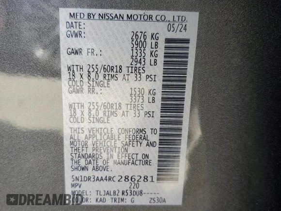 2024 Nissan Pathfinder S with VIN 5N1DR3AA4RC286281, listed as a Copart auction lot 54381925 with 16,150 mi miles and Salvage title. Bid and sale history available at DreamBid. Image 13.