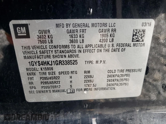 2016 Cadillac Escalade ESV Luxury Collection with VIN 1GYS4HKJ1GR338525, listed as a Copart auction lot 47168955 with Not provided miles and Salvage title. Bid and sale history available at DreamBid. Image 14.