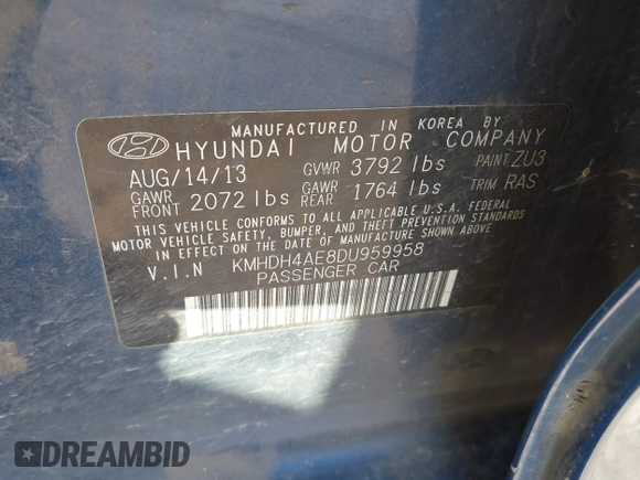 2013 Hyundai Elantra GLS z VIN KMHDH4AE8DU959958, wystawiony jako IAAI lot #41390078 z przebiegiem 123 731 mil mil oraz . Historia ofert i sprzedaży dostępna na DreamBid. Obrazek 9.
