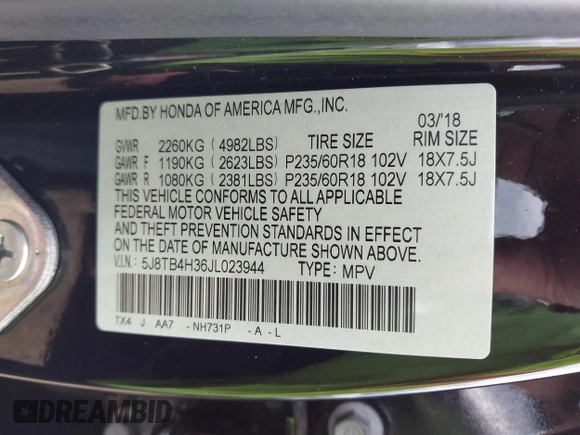 2018 Acura RDX with VIN 5J8TB4H36JL023944, listed as a IAAI auction lot 41893829 with 67,299 mi miles. Bid and sale history available at carsss.com. Image 9.